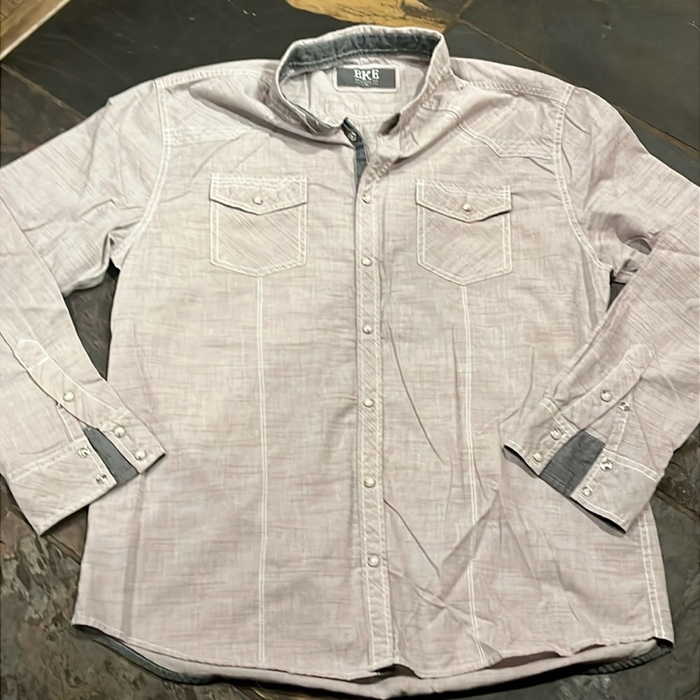 BKE light gray Shirt Mens Athletic Fit Pearl Snap‎ Long Sleeve gray flip cuff XL